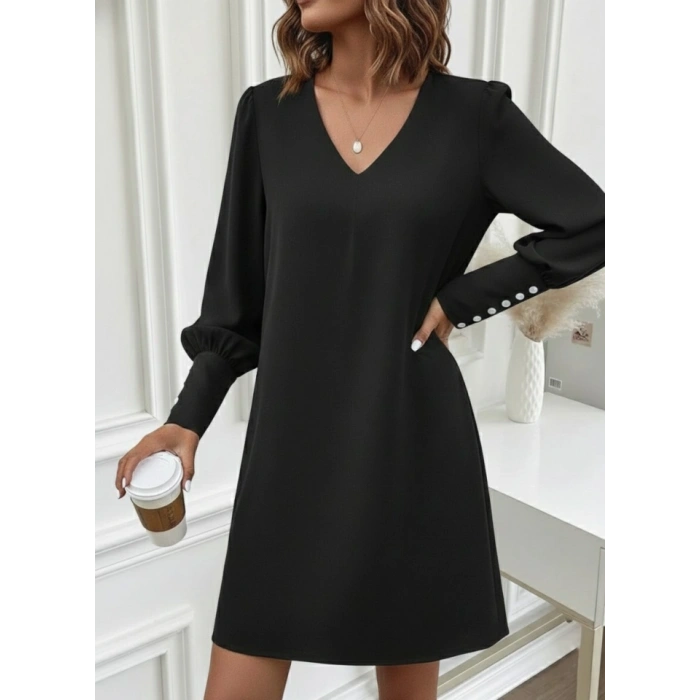 Kadın Uzun Kollu V Yakalı Kısa Ithal Krep Elbise