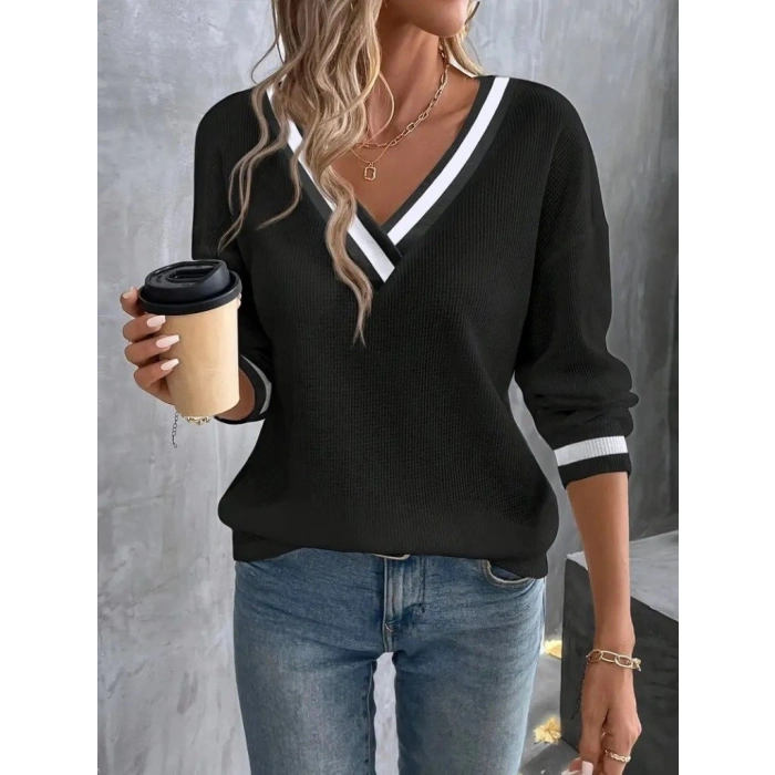 Kadın Uzun Kollu V Yakalı Waffle Bluz