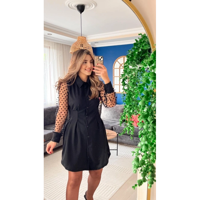 Kadın Uzun Kollu Yakalı Düğmeli Mini Ithal Krep Elbise