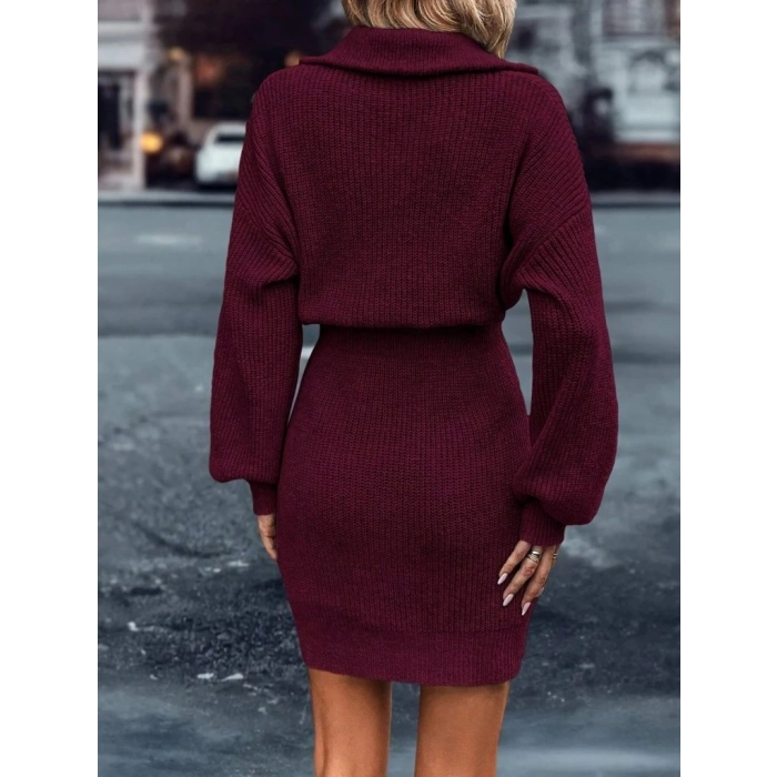 Kadın Uzun Kollu Yakası Fermuarlı Mini Triko Elbise