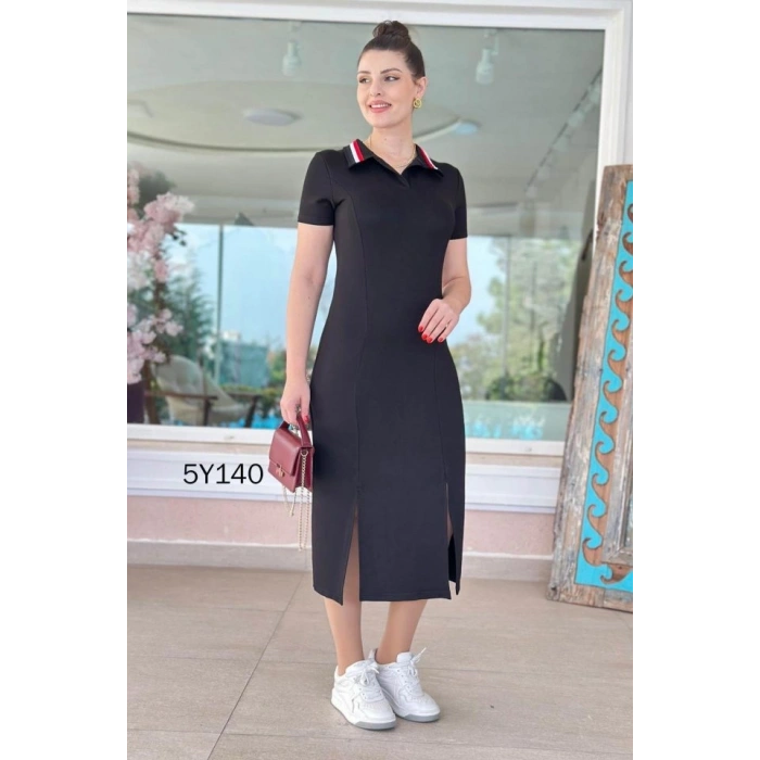 Kadın Yaka Ribanalı Çift Yırtmaçlı Elbise