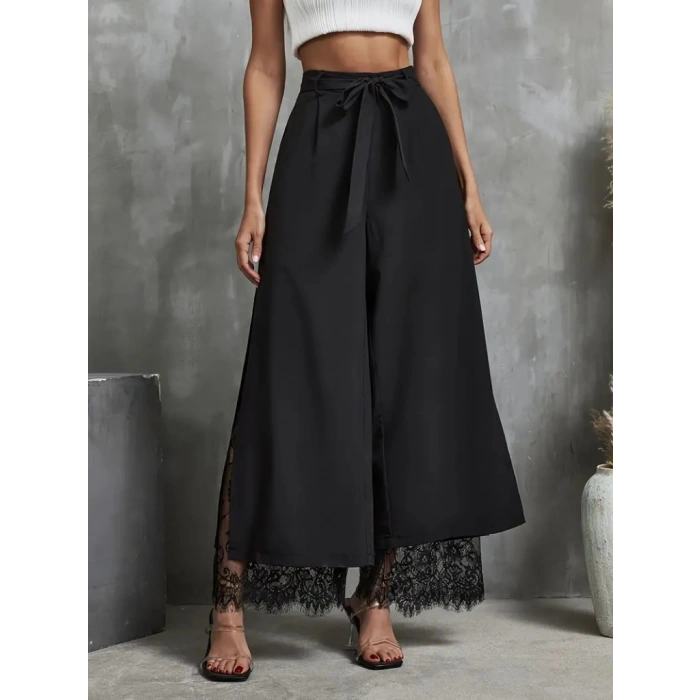 Kadın Yüksek Bel Belden Kuşaklı üst Dalgıç Alt Dantel Detaylı Dalgıç Pantolon