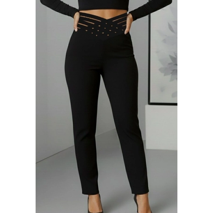 Kadın Yüksek Bel çapraz şerit Detaylı Ithal Krep Pantolon