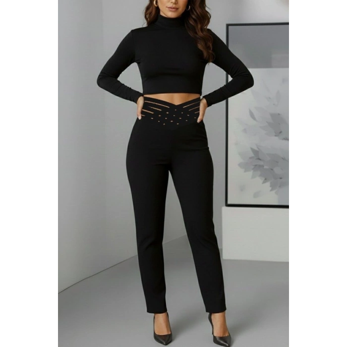 Kadın Yüksek Bel çapraz şerit Detaylı Ithal Krep Pantolon