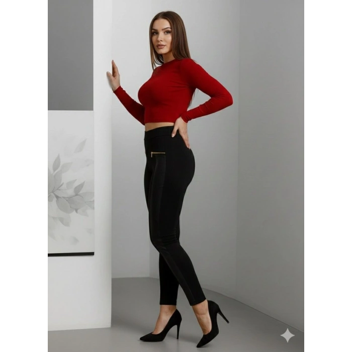 Kadın Yüksek Bel Deri Detaylı Fermuarlı Dalgıç Tayt