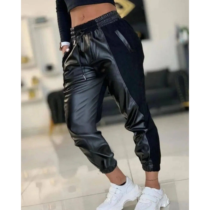 Kadın Yüksek Bel Lastikli Cepli Deri Detaylı Dalgıç Pantolon