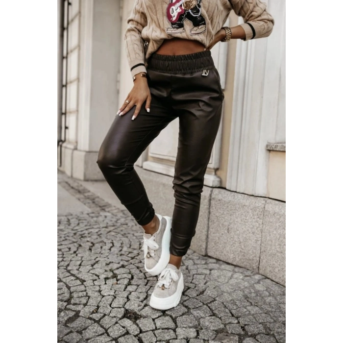 Kadın Yüksek Bel Lastikli Cepli Deri Pantolon