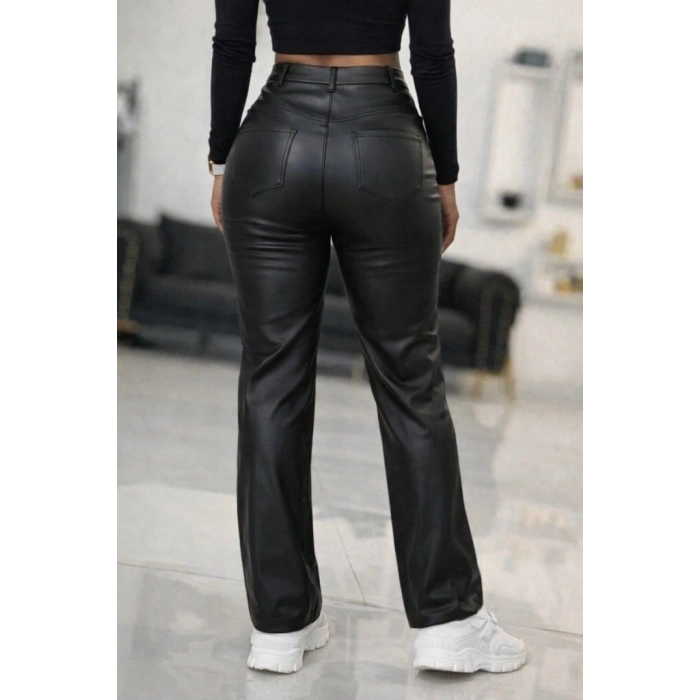 Kadın Yüksek Bel önden Düğmeli Deri Pantolon