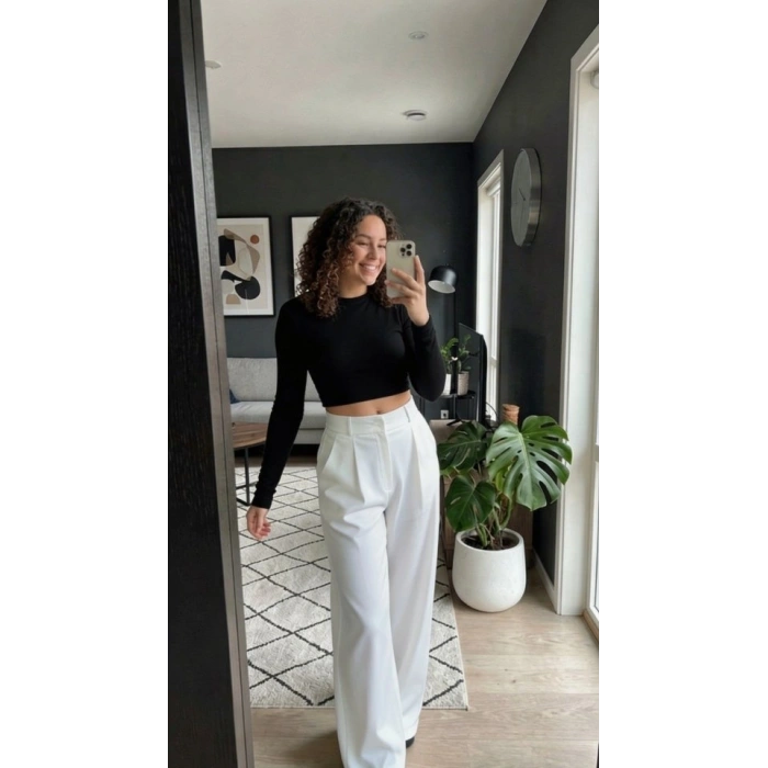 Kadın Yüksek Bel Pileli Palazzo Pantolon