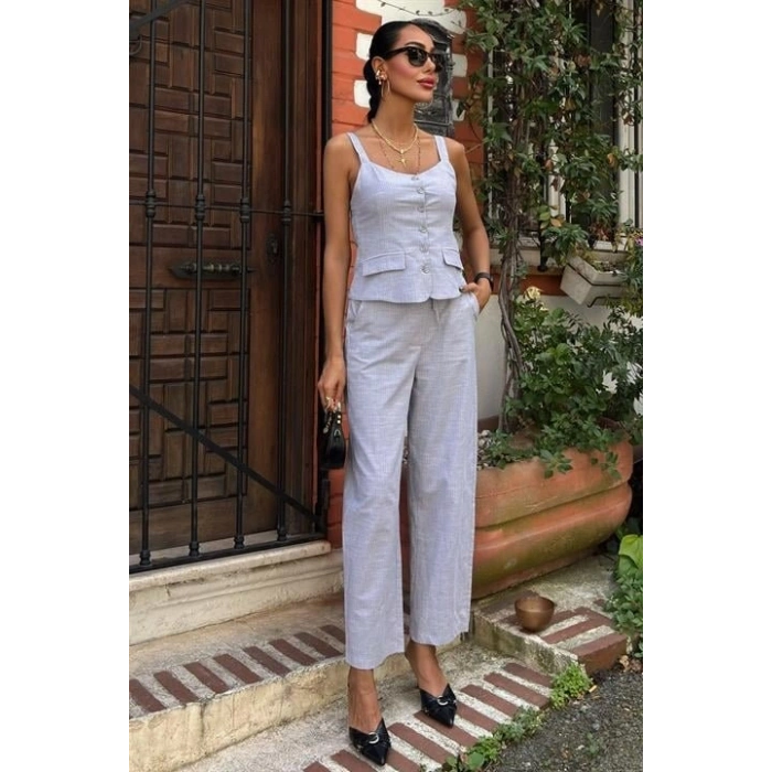 Kalın Askılı Bluz Pantolon Keten Takım 10187