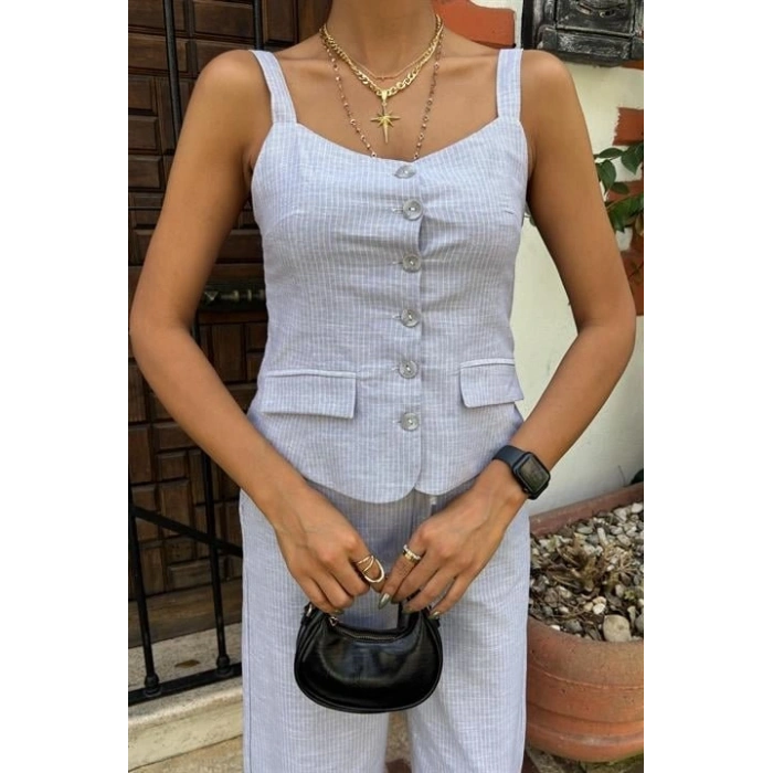 Kalın Askılı Bluz Pantolon Keten Takım 10187