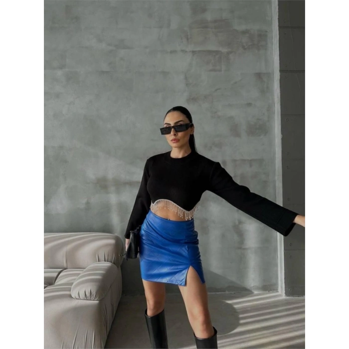 KAPİTONE DERİ ETEK YIRTMAÇLI - Saks