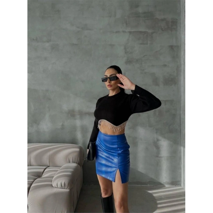 KAPİTONE DERİ ETEK YIRTMAÇLI - Saks