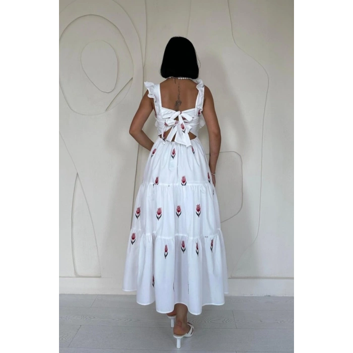 Kırmızı Sıfır Kol Fırfırlı Elbise