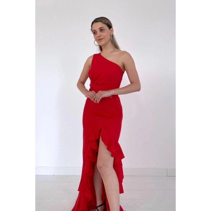 Kırmızı Yırtmaçlı Volanlı Elbise