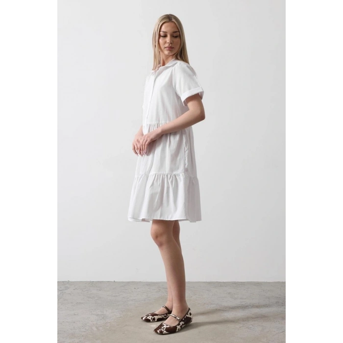 Kısa Kol Düğmeli Elbise - Beyaz