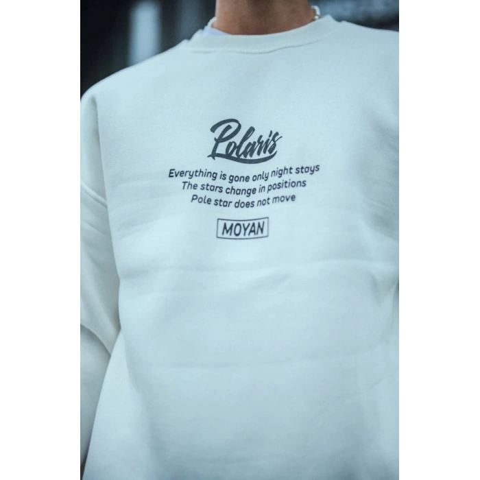 Kışlık Bisiklet Yaka Ön Ve Arka Baskılı SweatShirt - Beyaz