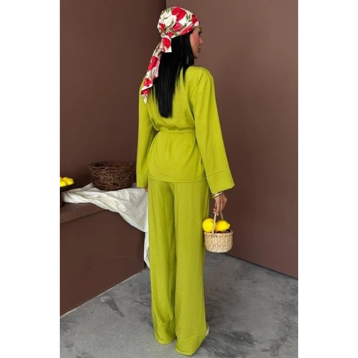 Kruvaze Model Klasik Pantolonlu Çupra Keten Takım 10191