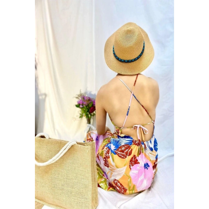 Mavi Sırt Dekolteli Keten Elbise