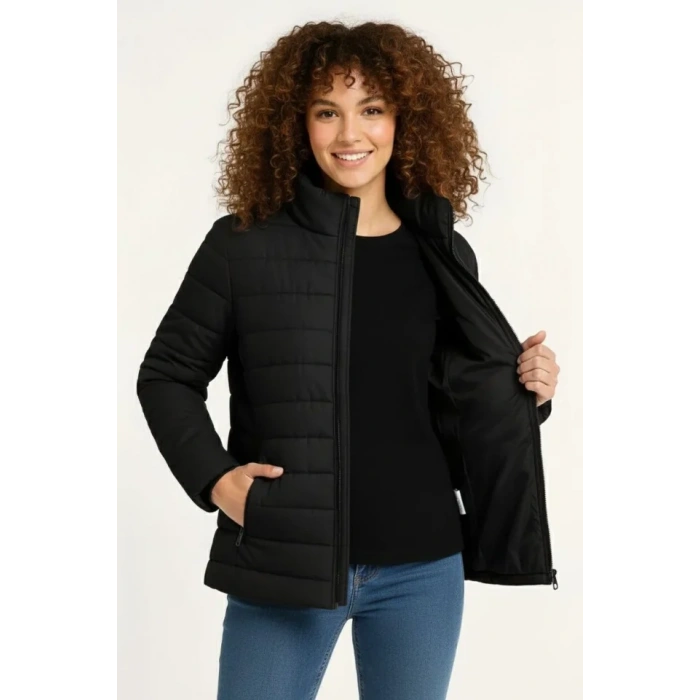 Mikro Su İtici Kapitone Baskılı Astarlı Fermuarlı Bomber Mont - Siyah