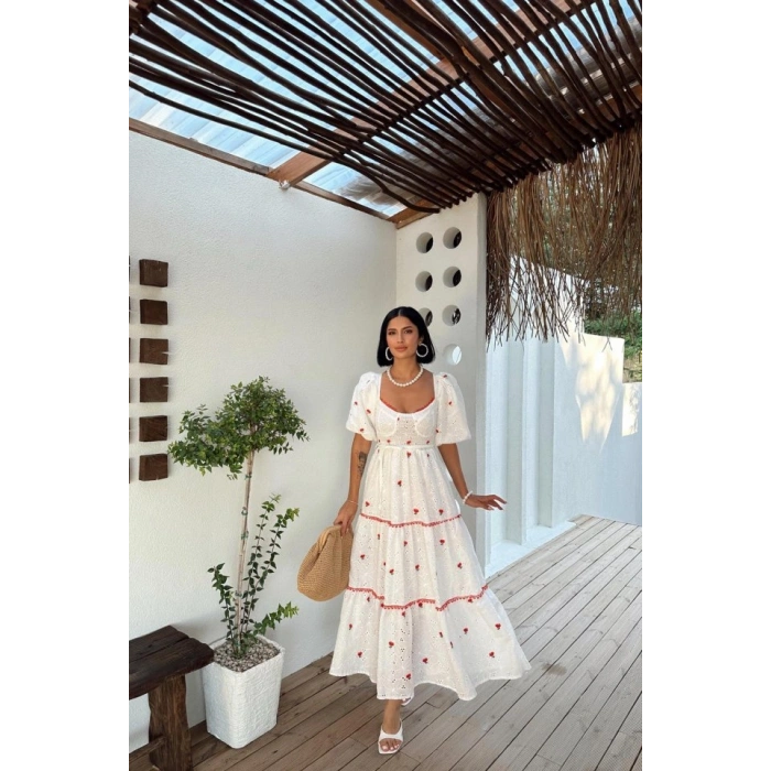 Nar Çiçeği Dantel Detaylı Brode Elbise