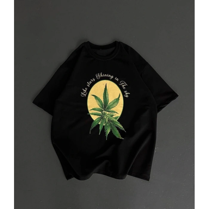 Ön Ve Arka Baskılı Oversize Bisiklet Yaka T-shirt- Siyah