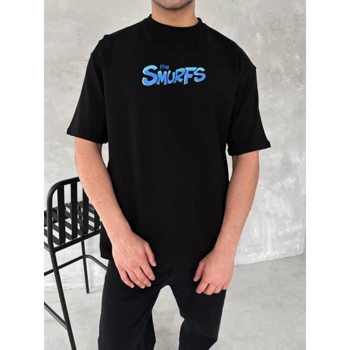 Ön Ve Arka Baskılı Oversize Bisiklet Yaka T-shirt- Siyah