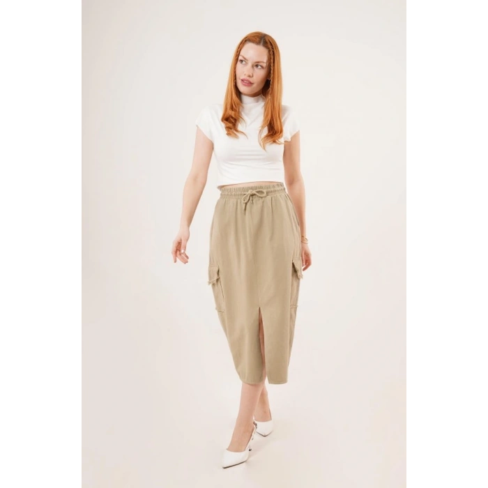 Ön Yırtmaçlı Cep Detaylı Haki Etek