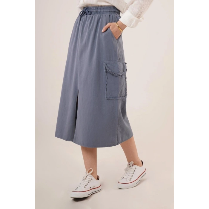 Ön Yırtmaçlı Cep Detaylı İndigo Etek