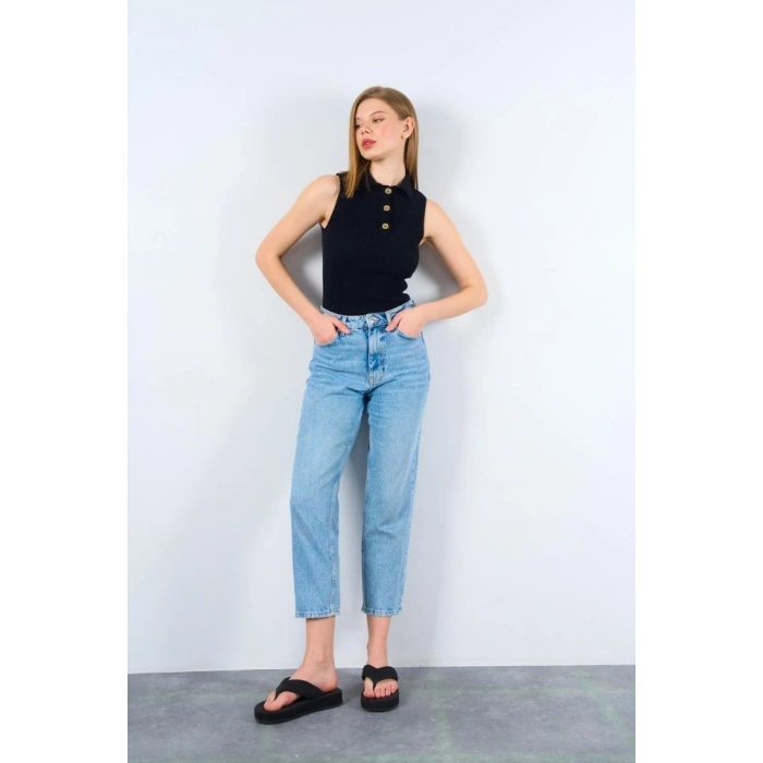 Patlı Düğmeli Triko Atlet - Siyah