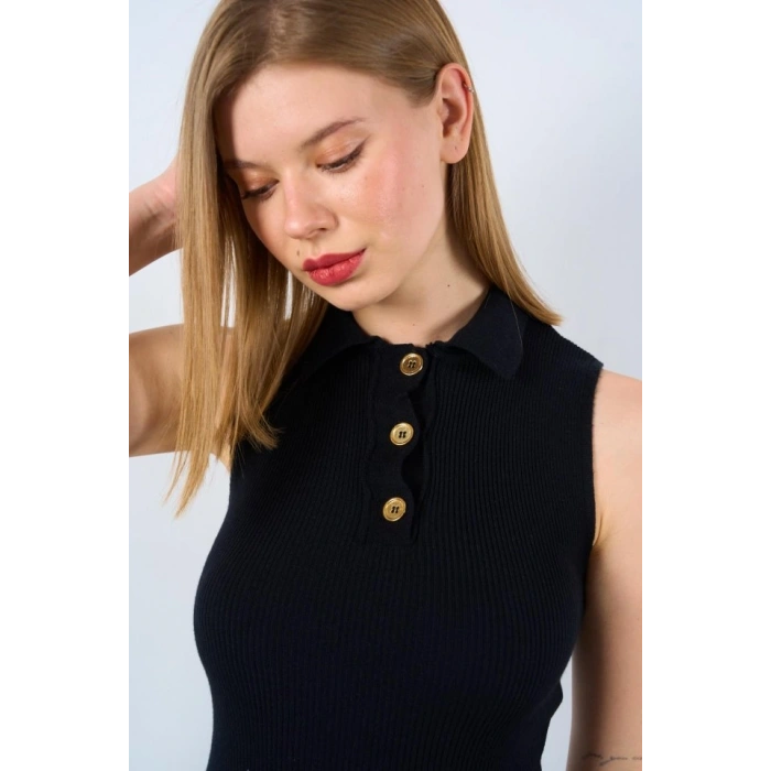 Patlı Düğmeli Triko Atlet - Siyah