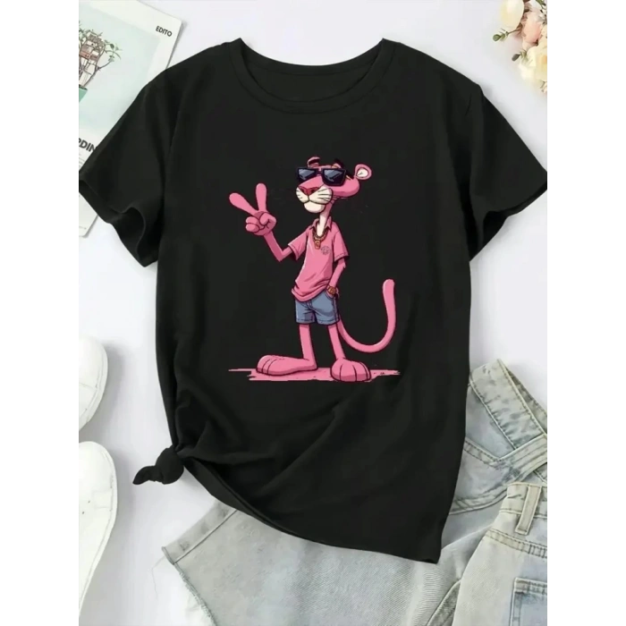 Pembe Panter Baskılı Oversize Bisiklet Yaka T-shirt - Beyaz