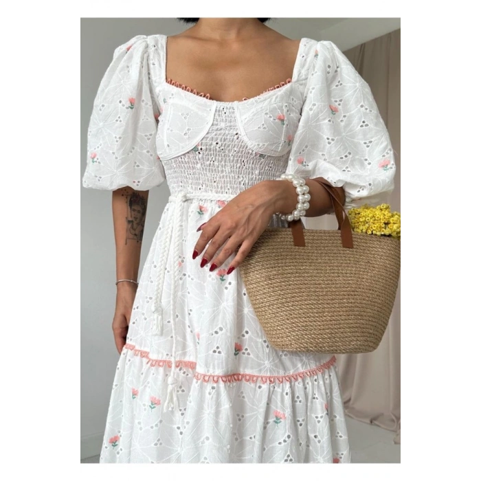 Pudra Dantel Detaylı Brode Elbise