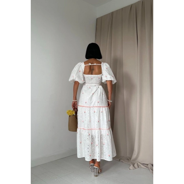 Pudra Dantel Detaylı Brode Elbise