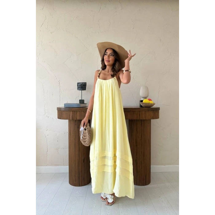Sarı Askılı Müslin Elbise