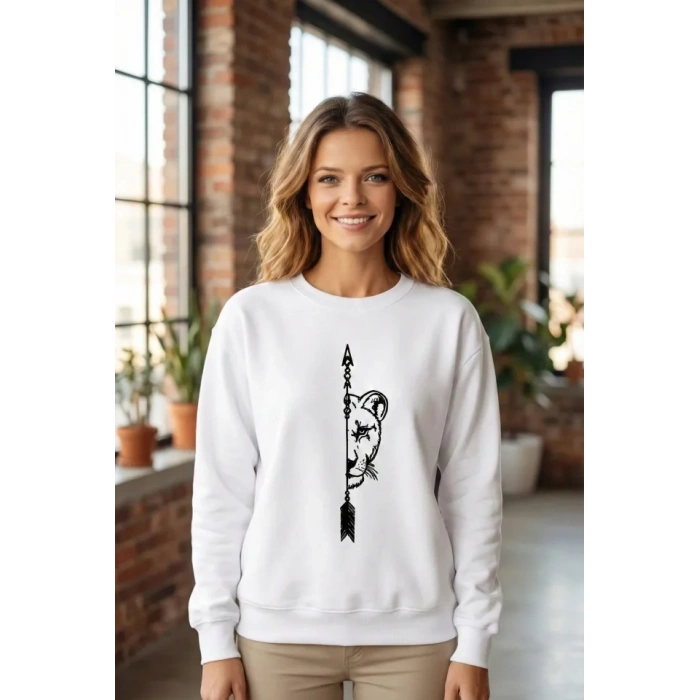 Sevgililer Günü Özel Bisiklet Yaka Aslan Baskılı Oversize Sweatshirt - Beyaz