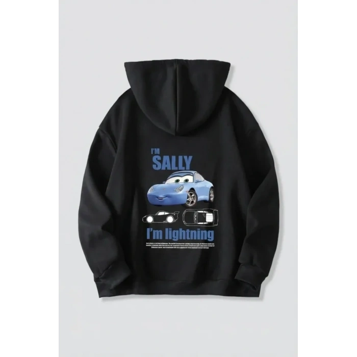 Sevgililer Günü Özel Kapüşonlu Araba Baskılı Oversize Sweatshirt - Siyah