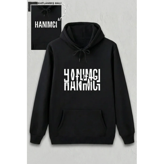 Sevgililer Günü Özel Kapüşonlu Hanımcı Baskılı Oversize Sweatshirt - Siyah