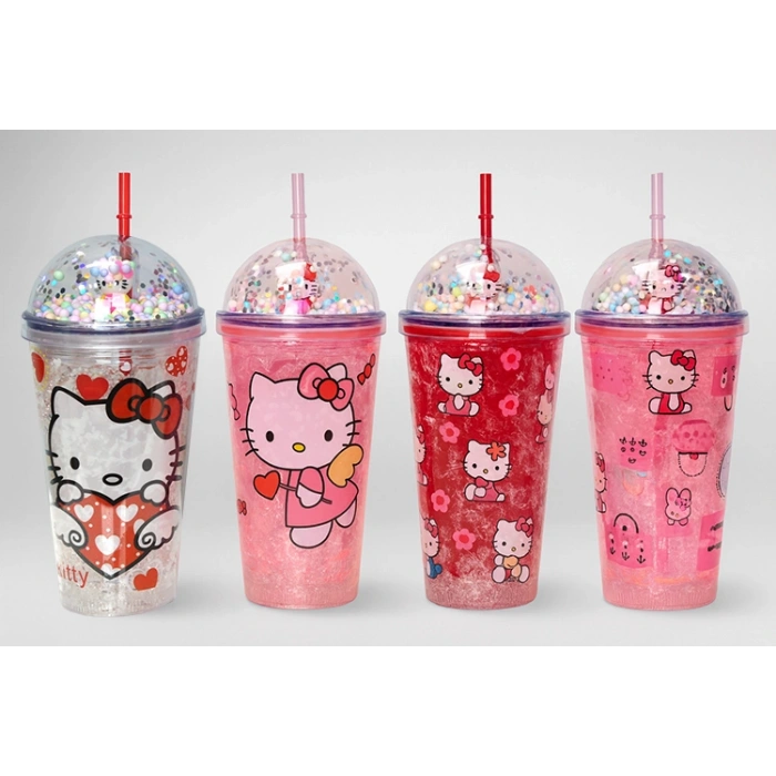 Sevimli Hello Kitty Pipetli Işıklı Boncuklu Suluk Bardak 400 ml