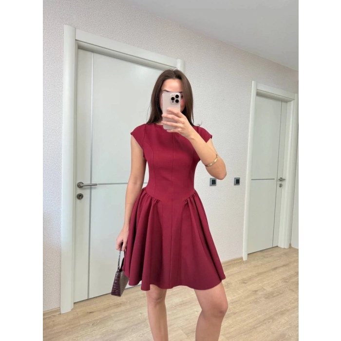 Sırt Dekolteli Çan Detaylı Mini Elbise - Bordo