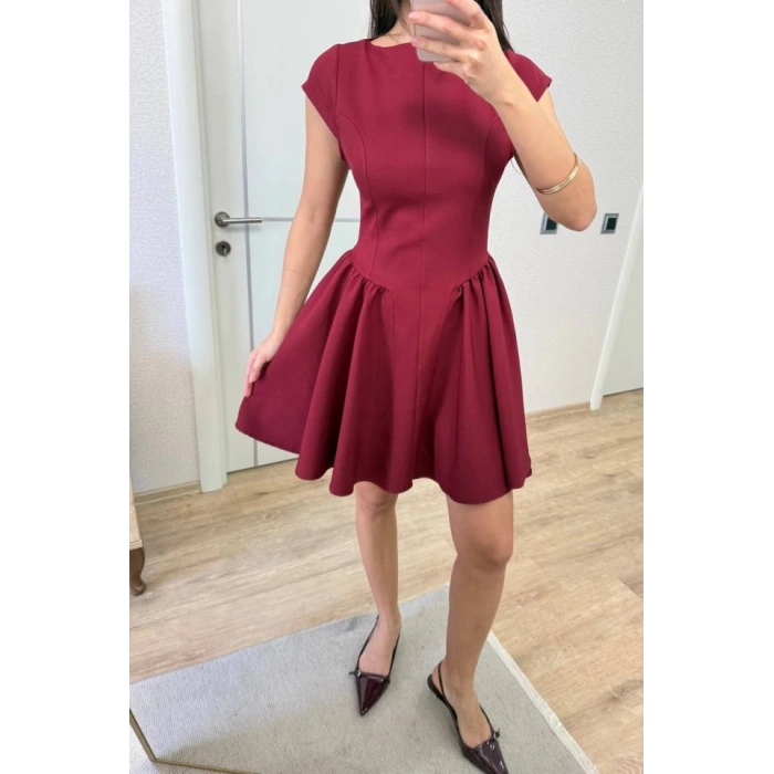Sırt Dekolteli Çan Detaylı Mini Elbise - Bordo