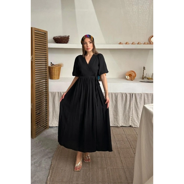 Siyah Müslin Uzun Elbise