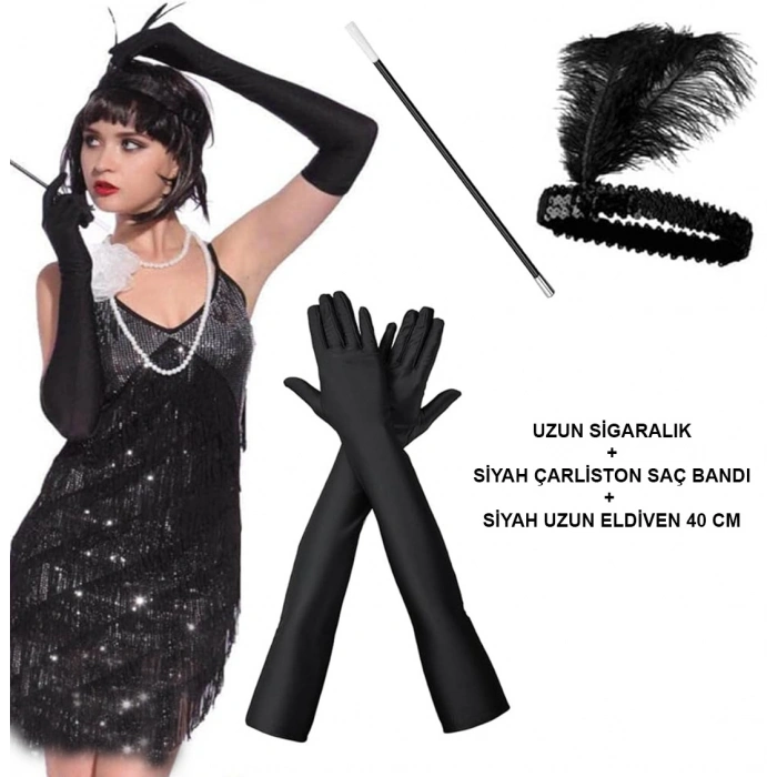 Siyah Retro Charliston Aksesuar Seti