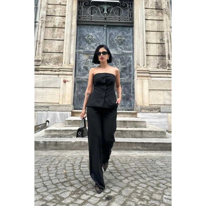 Siyah Straplez Düğmeli Crop Ve Pantolon Takım