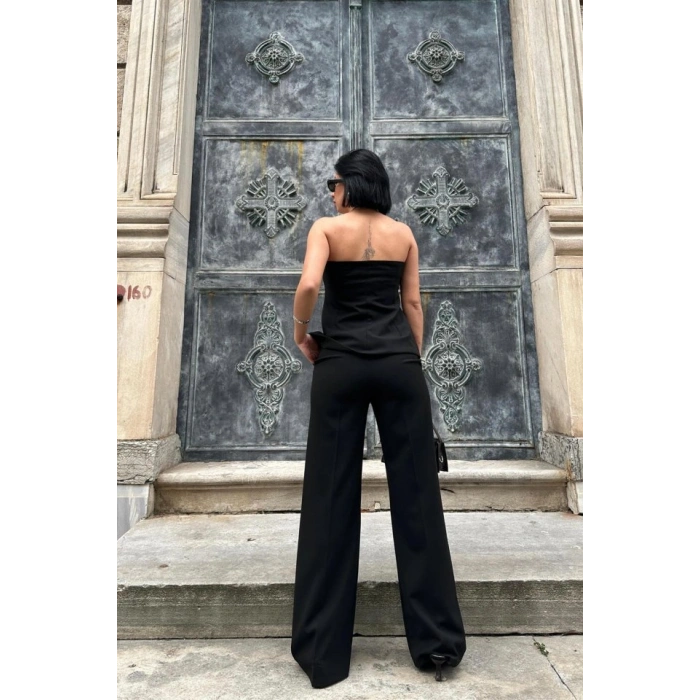 Siyah Straplez Düğmeli Crop Ve Pantolon Takım