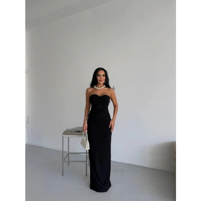 Straplez Simli Uzun Elbise