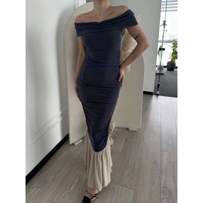 Striptiz Omuzlu Uzun Elbise- Füme