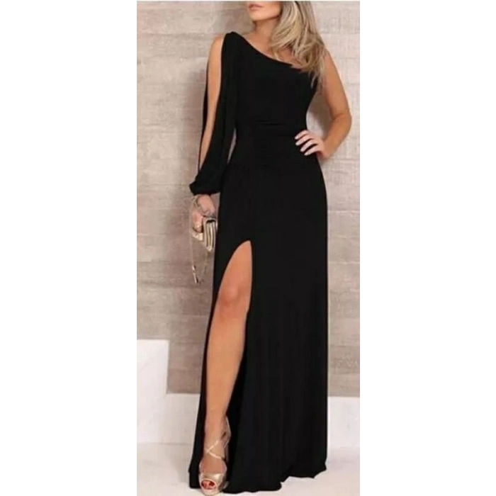 Tek Omuz Açık Derin Yırtmaçlı Krep Tam Boy Elbise