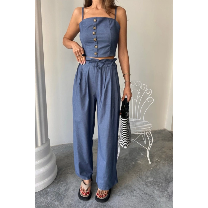 TENCEL CROP ASKILI BLUZ - ŞALVAR PANTOLON TK - İndigo