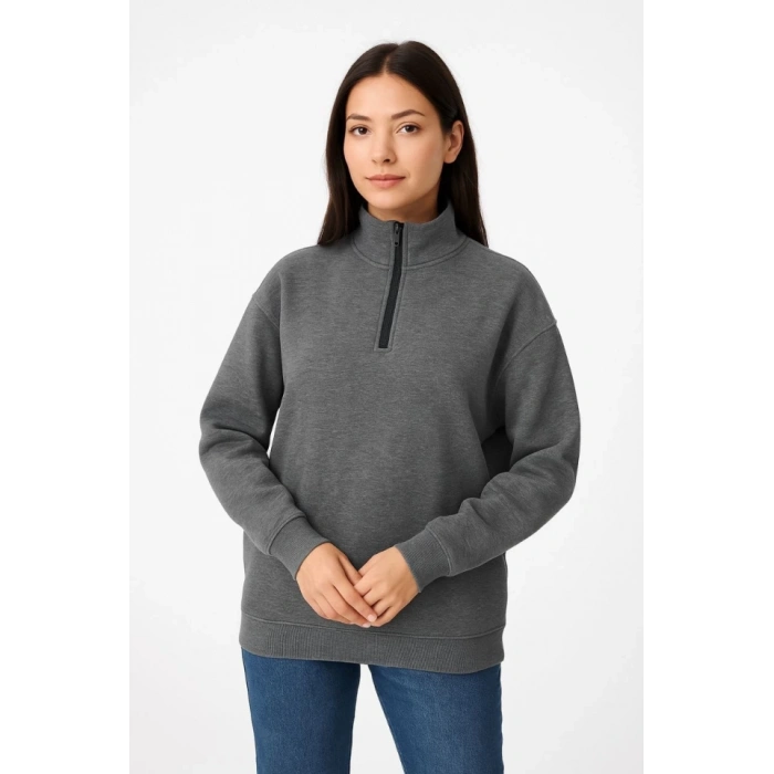 Üç İplik Dık Yaka Yarım Fermuarlı SweatShirt - Antrasit